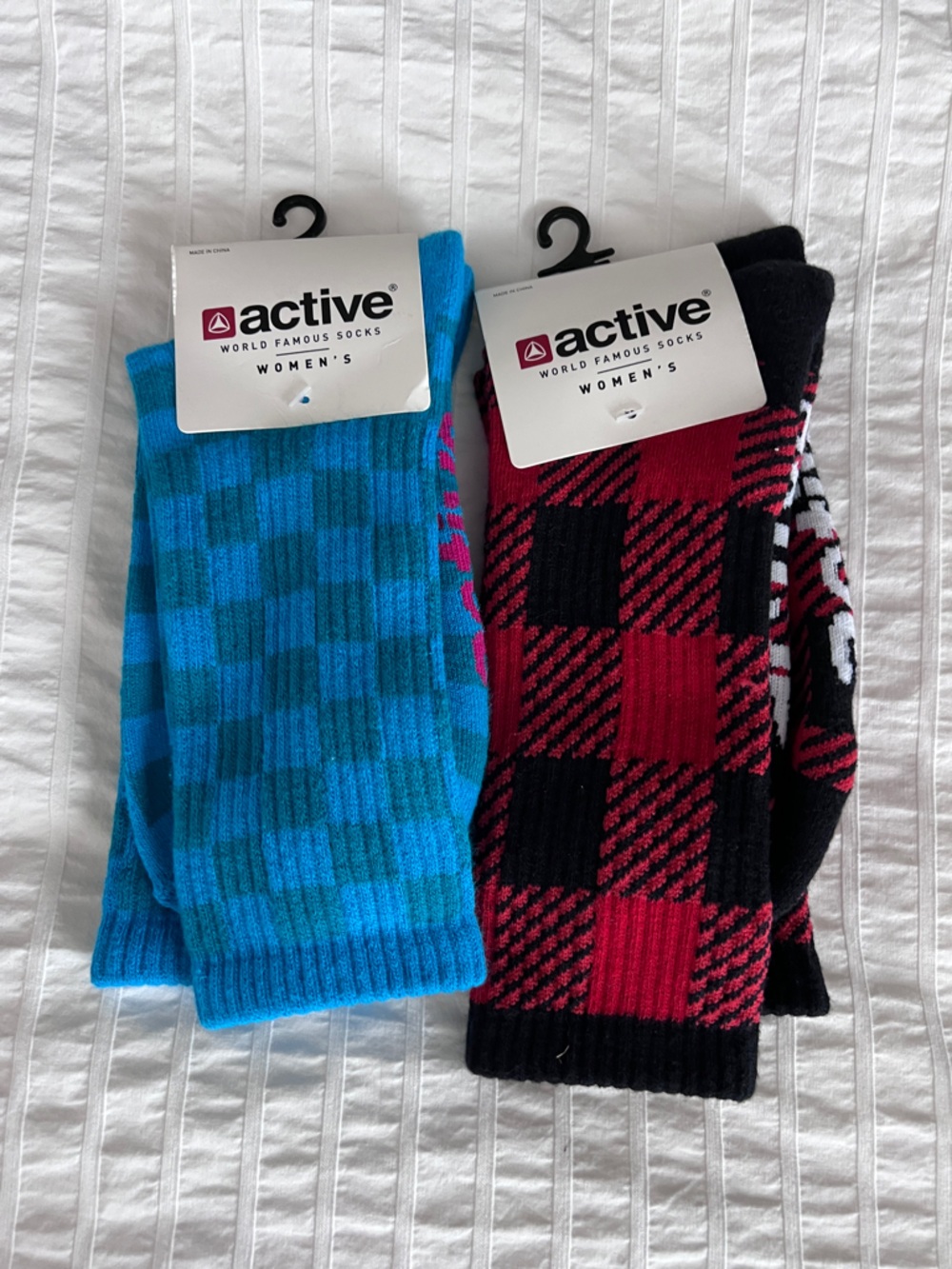 Active USA Women's Crew Socks - Blue Teal Check & Red Black Plaid
